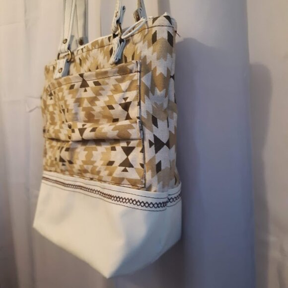 New Southwestern Geometric Vinyl Double handle Satchel Purse Ivory Mustard Brow - Picture 6 of 11